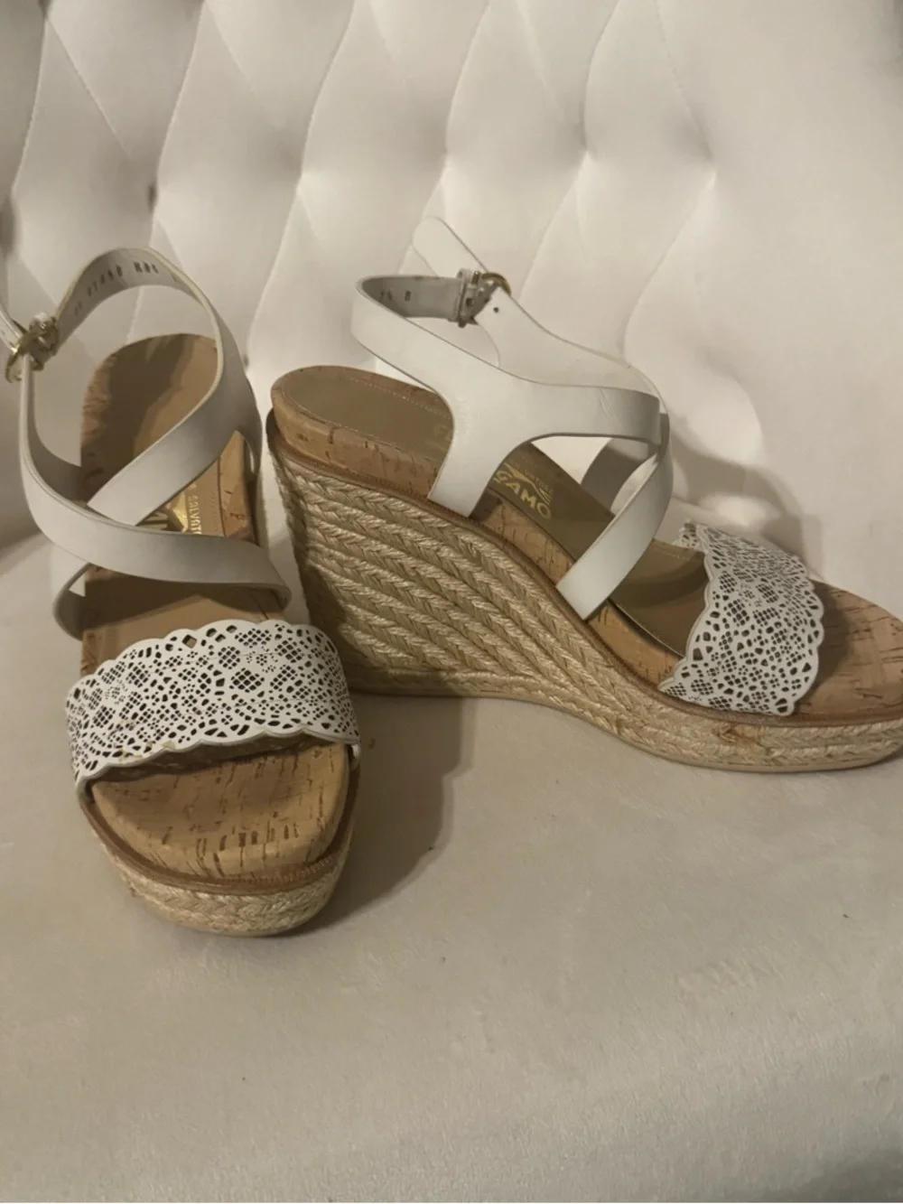 Salvatore Ferragamo White Laser-Cut Cork Wedge Sandals